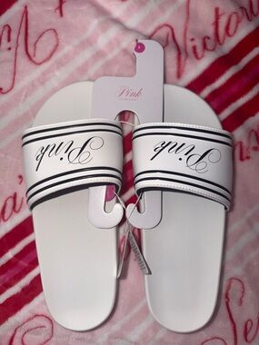 PINK White Slide Sandals with Black Trim